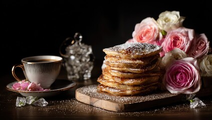 Stack of pancakes, roses, and coffee