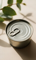 Obraz premium An unopened silver tin can with an easy-open pull tab, arranged with a fresh eucalyptus branch in bright sunlight creating a minimalist still life