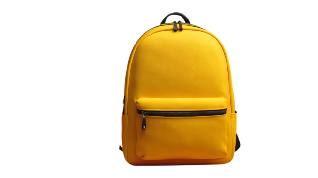 Bright yellow school backpack, minimal catalog style on white background 