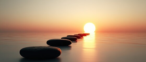 Calm stones path to sunset over water