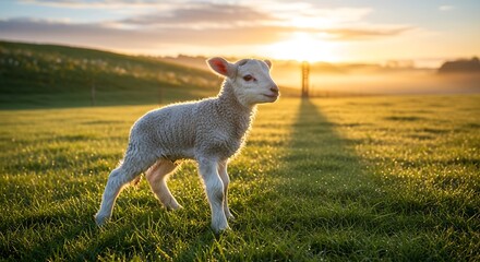 Fototapeta premium Spring Lamb in Meadow at Dawn: A Young Sheep Bathed in the Warm Glow of Sunrise