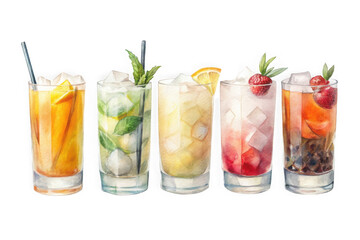 Watercolor illustration of refreshing assortment of five tall cocktails with ice and garnishes on a transparent background