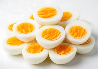 Pile of halved hard boiled eggs isolated on white background