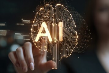 Hand touching a glowing AI brain graphic