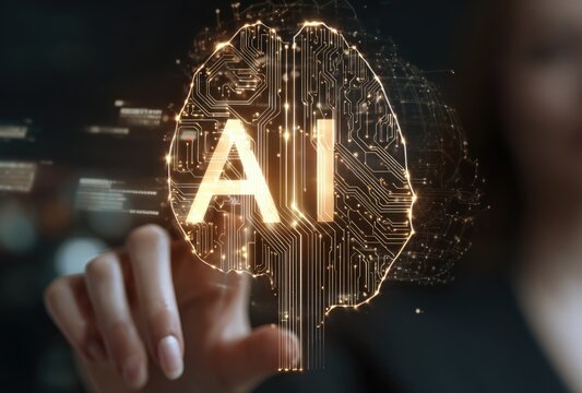 Hand touching a glowing AI brain graphic