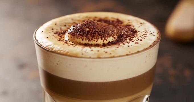 Creamy coffee drink with chocolate topping on table