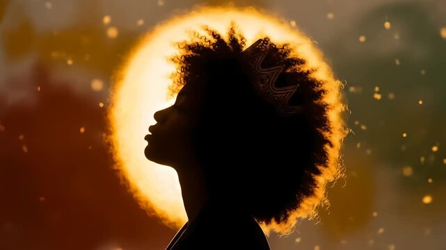 A silhouette of a queen looks upward as golden particles swirl around her. Ideal for themes of empowerment, nobility, and strength. Royalty, leadership, and inspiration.