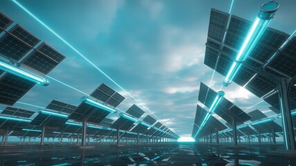 Futuristic Solar Panel Array with Cyberpunk Energy Beams