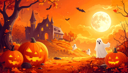 Fototapeta premium Full moon, bats, and Halloween decorations. Spooky Halloween scene with glowing pumpkins. Halloween scene with ghost and pumpkins. Eerie Halloween night with pumpkins and bats. Ghosts and pumpkins
