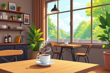 A cozy coffee shop in the morning with a warm cup of coffee on the table, steam rising, and natural sunlight streaming through the large windows.