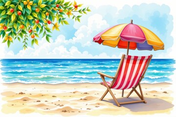 Watercolor beach scene with a tranquil sea view, complete with colorful beach chairs and parasols on the sandy beach.