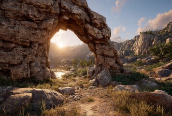 Rocky archway, sunrise, desert landscape