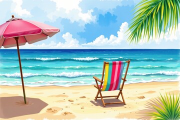 A serene watercolor beach scene with gentle waves and sandy beach with colorful beach chairs and parasols.