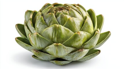 Obraz premium Fresh artichoke on a white background showcasing its unique green petals and intricate texture, perfect for food photography and culinary concepts