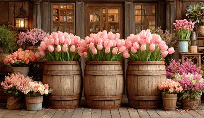 Pink tulips in aged wooden barrels at a floral shop