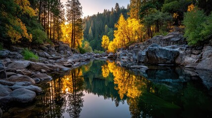 Obraz premium Golden autumn stream reflects vibrant trees