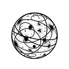Monochrome Sphere with Orbits and Scatter Dots on White Backdrop