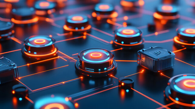 Futuristic technology network glowing with vibrant energy, connecting nodes in a high-tech digital world, innovation.
