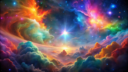 Glowing rainbow nebula clouds in cosmos colorful outer space scene