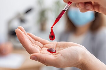 Red liquid drips from a pipette onto a hand