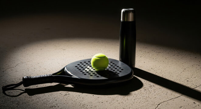 Padel Racket with Green Ball and Black Bottle on Neutral Concrete Surface