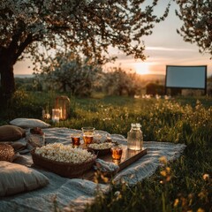 Outdoor movie night picnic under blooming trees