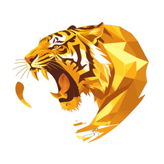 Geometric Tiger Head Roaring with Sharp Teeth Illustration in Orange and Yellow Isolated on White Background for Decoration And Design Purposes