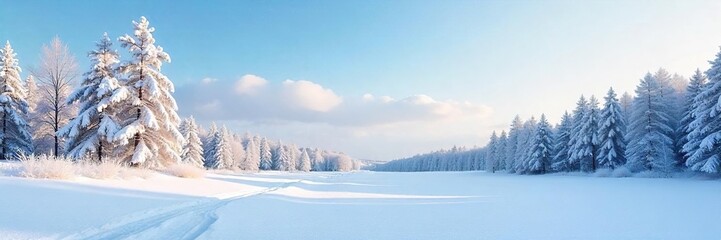 Obraz premium Serene winter scene featuring a snow-covered landscape under a clear sky Perfect for winter holiday, travel, or nature themed projects Tranquil, pristine, and picturesque , frozen, snowfall