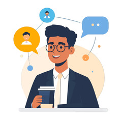 Cheerful Man in Suit Holding Beverage with Communication Icons Against a White Backdrop