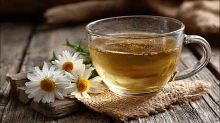 Clear cup of herbal tea, chamomile flowers