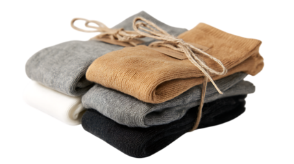 Neatly folded socks tied together, minimal catalog style on bright white background 