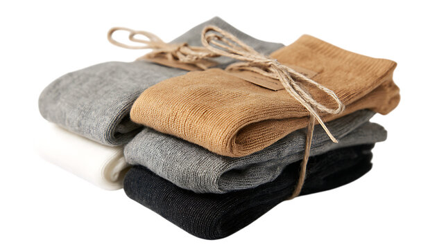 Neatly folded socks tied together, minimal catalog style on bright white background - Powered by Adobe