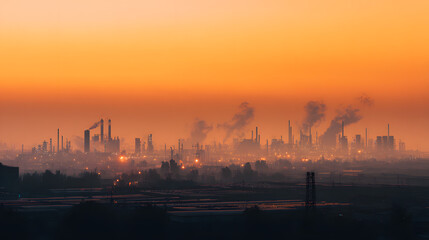 Fototapeta premium Industrial skyline at sunset with haze and smog creating a dramatic ambiance
