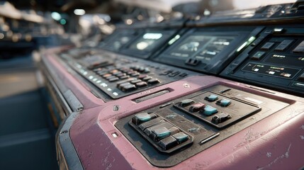 Futuristic control panel with various buttons and displays