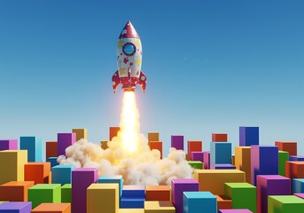 Vibrant Rocket Launch from Colorful Cityscape Symbolizing Innovation and Creative Startup Success and Ambition in Space