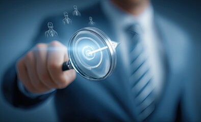 Businessman examines target with magnifying glass, overlaid with icons of people