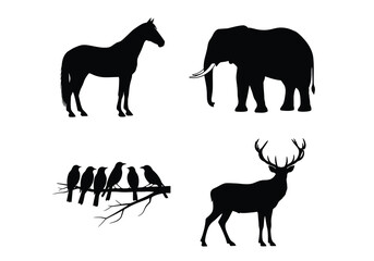 Obraz premium Horses, Elephants, Deer, and Birds in Nature Illustrations - Artistic Animal Compilation