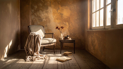 A rustic, sun-drenched room featuring a vintage armchair draped with a knit blanket, a small side table with a vase of flowers and books, and warm, textured walls.