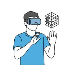 Man Wearing Virtual Reality Headset Interacting with Abstract Digital Cube on White Background, Blue Shirt, Modern Technology and Futuristic Innovation Concept