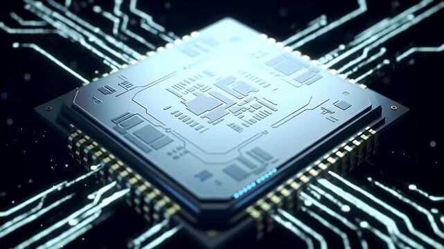 Close-up view of a computer processor chip with intricate circuit board details, 3D render