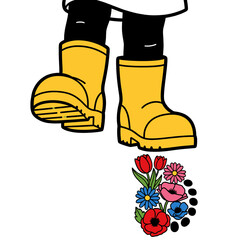 Yellow Boots Stepping on Colorful Flowers on White Background for Spring Season Concept Isolated Vector Illustration