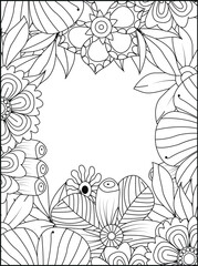 Intricate floral border coloring page design for relaxation and creative expression white background