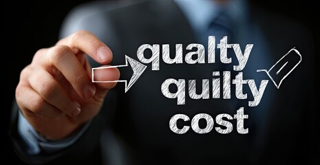 Businessperson's hand highlights "Quality, Quilty, Cost" concept