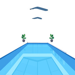 Pixelated Swimming Pool with Blue Water and Two Green Plants in Gray Pots White Background Overhead Blue Shadows 8-bit Aesthetic