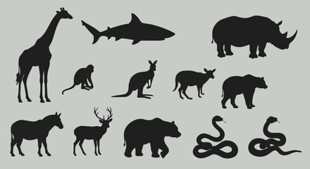 Fototapeta premium Vector illustration set of wild animal silhouettes including giraffe, rhino, shark, and bear, perfect for logos, icons, and nature-themed designs