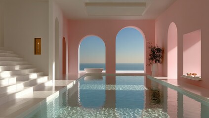Fototapeta premium Modern, airy pool house with pink accents