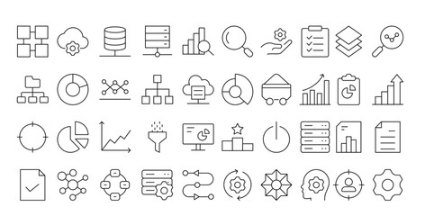 Data analytics icon set. Big data analysis technology symbol. Containing database,computing and network icons. Solid icons vector collection.Data line Analytics, AI, hosting, monitoring. Vector 