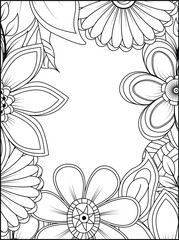 Intricate floral border design outline coloring page for adults and children white background