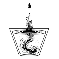Conceptual Graphic of Black Ink Drop in Glass Cup with Swirling Plume on White Background Abstract Monochromatic Illustration with Clean Lines