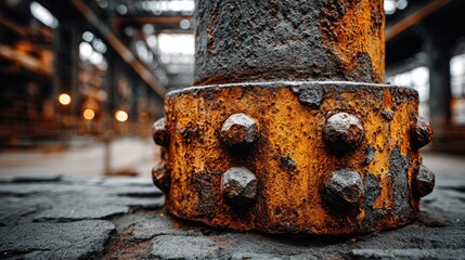 Rusted metal pipe base in industrial setting